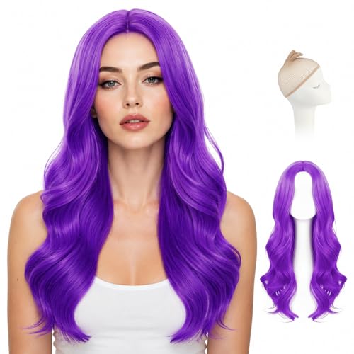 Long Purple Wig for Women 27 Wavy Curly Synthetic Hair Heat Resistant Purple Wigs Natural Looking Womens Wigs with Hairnet for Fancy Dress Cosplay Halloween & Party