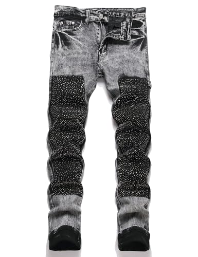 Men Crystal Patch Slim Tapered Stretch Denim Jeans