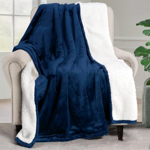Utopia Bedding Sherpa Blanket Throw Size (Navy, 50x60 Inches) - Soft Lightweight Plush Fleece Reversible Blanket for Bed, Sofa, Couch, Camping and Travel