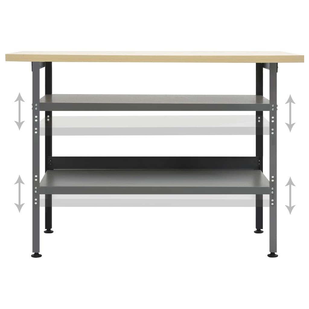 Etabli - Tavolo da lavoro, postazione di lavoro, deposito attrezzi, banco attrezzi con 2 ripiani Garage Laboratorio 120 cm, acciaio grigio 02_0003676