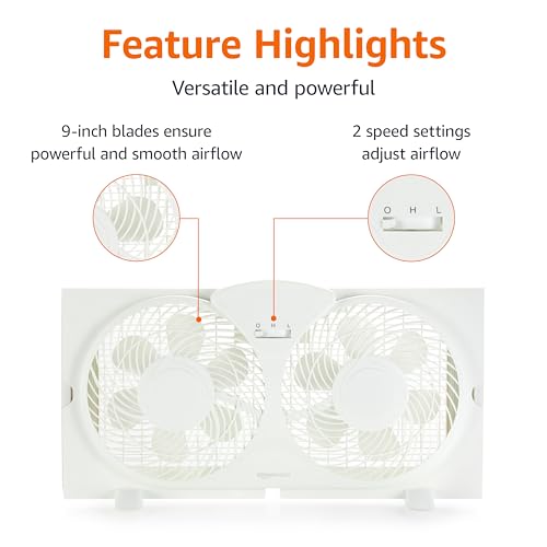 Image of Amazon Basics Twin Window Fan for Home Bedroom, 9 inch, Reversible Airflow, Exhaust Mode, Expandable Side Panels, Width Adjustable, 2 Speeds, Air Circulation, 68W, White
