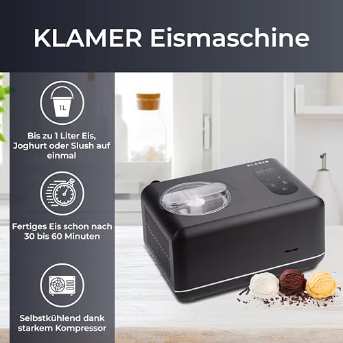 KLAMER 3-in-1 Eis-, Slush & Joghurtmaschine 1,5 L, 150 W Eiscrememaschine aus Edelstahl mit Kühl- & Heizfunktion, hausgemachtes Speise-, Slusheis mit selbstkühlendem Kompressor, Joghurtbereiter – Bild 3