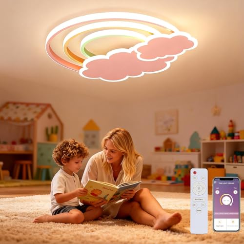 KZT LED Lámpara de Techo Habitación Infantil Regulable Luz de Techo con Mando a Distancia Moderna Nubes Blancas Dibujos Arcoiris Plafones de Techo para Bebé Dormitorio Niño y Niña Salon Balcony