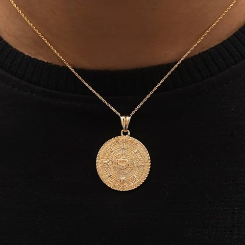 Aztec Mayan Sun Calendar Charm Pendant Necklace for Men and Women 14K Gold Plated 925 Sterling Silver Medallion Pendant Necklace with 18-Inch Rope chain4