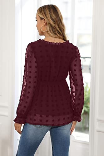 Maternity Boho Shirts Tops Casual Solid Color Chiffon V Neck Long Sleeve Tops Wine M #TOP1