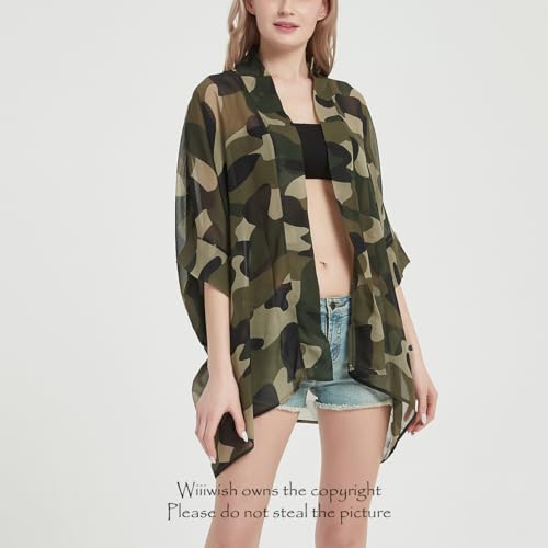 Women's Kimono Cardigans Camouflage Sheer Chiffon Blouse Boho Wrap Casual Coverup Loose Tops3