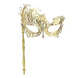 IncreDecor Masquerade Mask for Women with Stick Gold Shiny Metal Masks for Mardi Gras Venetian Prom Halloween Costume Party