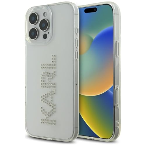 CG MOBILE Karl Lagerfeld IML Coque Rigide pour iPhone 16 Pro avec Logo Strass, Profil Fin, léger, Facile à Clipser, Protection Contre Les Chutes, Emballage Durable, Transparent