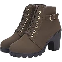 Womens Chunky Heeled Short Boots, Belt Buckle Decor Lace Up Block High Heels, Fashion Lace-up Ankle Boots