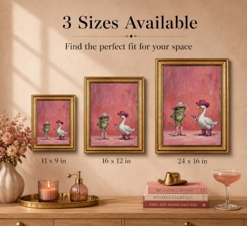 Image of Gold Framed 3D Textured Wall Art, Funny Pink Cowboy Frog and Duck Canvas Prints, Quirky Dopamine Western Animal Pictures Decor, Eclectic Cowgirl Artwork for Bathroom Dorm Bedroom 16x24inch