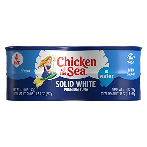 Chicken of the Sea Solid White Premium Albacore Tuna in Water, 5 oz. Cans (Pack of 4), Wild Caught Tuna