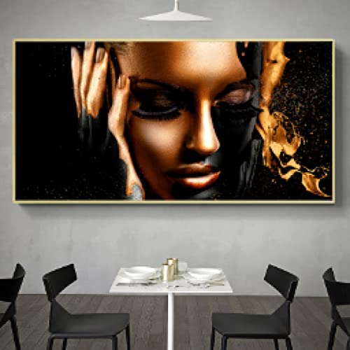 Toile femmes africaines or noir grand tableau de salon tendance scandinave chic 90x180cm