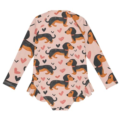 Girls One Piece Swimsuits Long Sleeve Swimsuit Zipper Bathing Suits Dachshund Dogs Hearts2