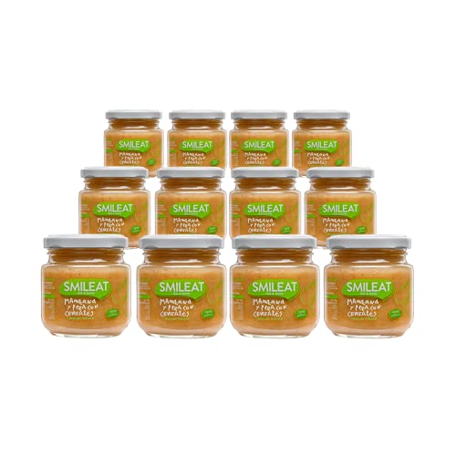 Smileat - Tarritos Ecológicos de Frutas, Ingredientes Naturales, para Bebés desde 4 Meses, Sano y Saludable, sin Gluten, Sabor a Manzana, Pera y Cereales - Pack de 12 x 130 g = 1560 g Cover