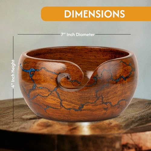 Image of Wooden Yarn Bowl for Crocheting, 7x4 inch Large Rosewood Crochet Holder Gift Accessories and Knitting Gadgets Supplies Handcrafted with Fractal Wood Burning & Blue Resin Inlay ( Blue 7x4 )