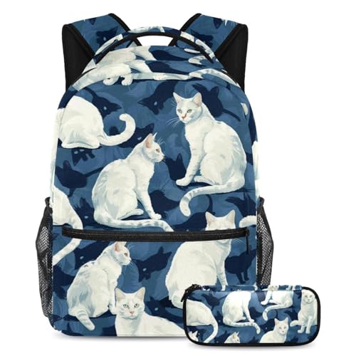 Sac à dos grande capacité motif chat avec trousse à crayons ergonomique