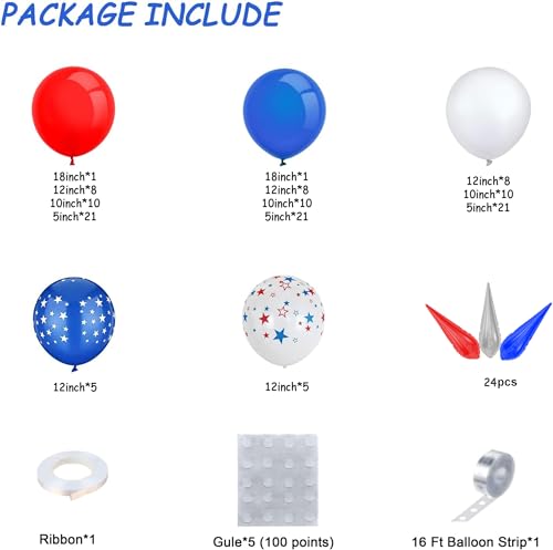 Bonropin 161pcs Red White and Blue Balloon Arch Kit Patriotic Balloons with Explosion Star Balloons for 4th of July Balloon Garland Nautical Veterans Memorial Day Baseball Graduation Party Decorations by Bonropin - Used condition - Image 4