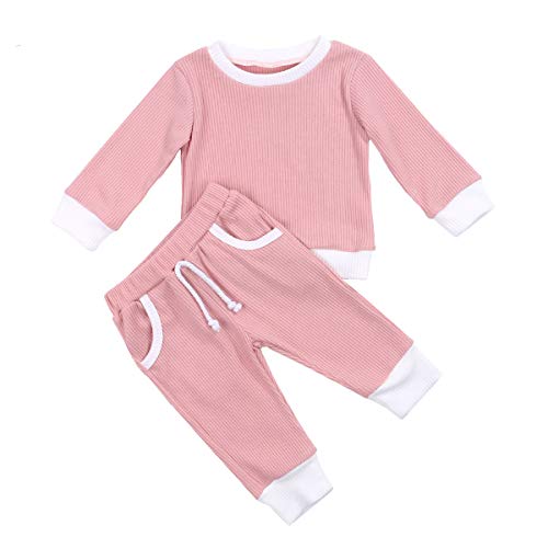 Unisex Baby Boy Girl Fall Clothes Set Ribbed Knitted Cotton Long Sleeve Shirts Top Pants Outfit Toddler Sweatsuit (Pink,3-6 Months)