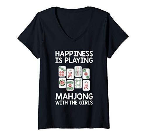Womens Novelty V-neck T-shirt: Happiness Is Playing Mahjong With The Girls