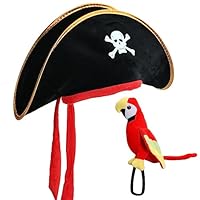 UOIENRT 2Pcs Pirate Hat Hat Skull Print & 10in Stuffed Parrot on Shoulder Pirate Costume Accessories for Halloween, School Play, Theater Performance