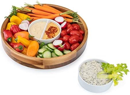 NUGOODS Chip and Dip Serving Set. Acacia Wood Chips and Dip Serving Dish and 2x Dip Dishes. 13in Chip Bowl, 10oz Dip Bowls. Dips, Salsa, Guacamole, or Wing Sauce Bowl. Raised Feet Chip n Dip Platter