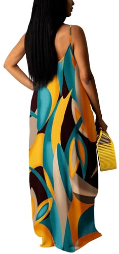 Image of Summer Dresses for Women Spaghetti Strap Beach Floor Length Maxi Sundresses | Floral Print,Casual,with Pockets
