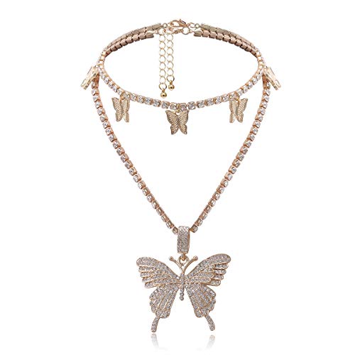Statment Big Butterfly Pendant Necklace Rhinestone Chain for Women Girl Bling Bling Gold Silver Chain Shiny Crystal Choker Necklace Jewelry Gifts -Gold