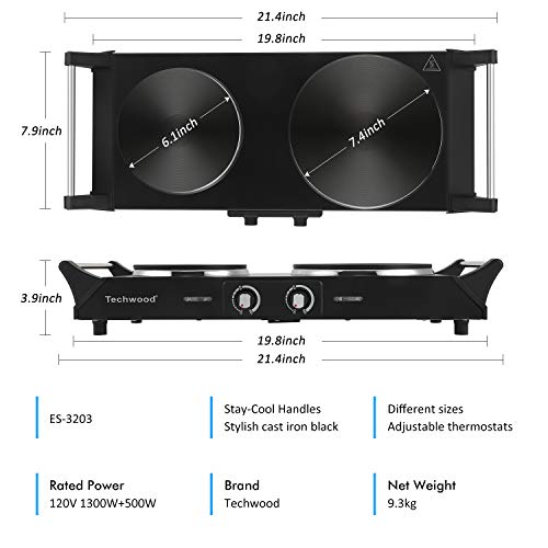 Techwood Hot Plate Electric Single Burner 1800W Portable Burner for Cooking with Adjustable Temperature & Stay Cool Handles, Non-Slip Rubber Feet, Black Stainless Steel Easy To Clean, Compatible for All Cookwares ES-3203 - Thumbnail 2