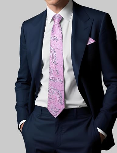Image of DiBanGu Silk Zipper Ties for Men,Paisley Solid Plaid Pre-tied Tie and Pocket Square Cufflinks Set Formal Adjustable Necktie