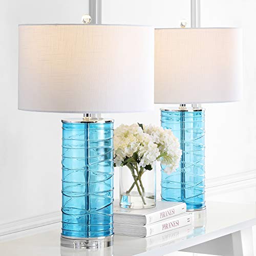 Eyely EYL4016A-SET2 Aria 27.5" Modern Fused Glass Cylinder LED Table Lamp for Reading Room, Living Room, Office, Bedroom, Transitional, Coastal, Glam, Turquoise (Set of 2) - Image 3