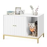 Feandrea Litter Box Enclosure, Modern Cat Litter Box Furniture Hidden, with Scratching Mat, Tall Legs, Cat House, Side End Table, 31.5 x 19.7 x 21.7 Inches, White and Gold UPCL007W01