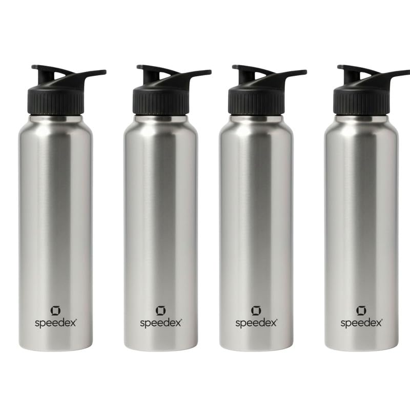 Image of Speedex Stainless Steel Metal Water Bottle 1 Ltr 1000 ml, BIS Approved, Leak Proof Sipper Cap Bottle for Office, School, Gym, Travel, Daily Use for Men, Women, Kids, Adults, Silver, Set of 4