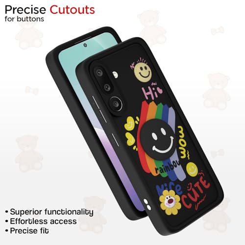 Image of Pikkme Back Cover for Samsung Galaxy M56 5G | Soft Silicone| Cute Rainbow Smile & 3D Cartoon Flower Design | Shockproof Raised Camera Protection Bumper Case (Black)
