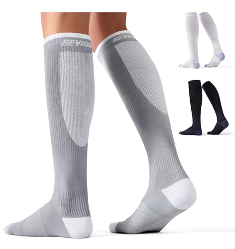 Bevigorio 3pairs Compression Socks for Women Men 15-20mmHg Circulation Cushion Knee High Support Socks Athletic Daily