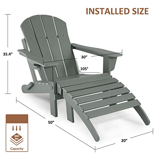 Abcpatio Folding Adirondack Chair With Footrest - Outdoor Weather Resistant Plastic Adirondack Chairs With Detachable Ottoman, Stackable Seating With Cup Holder For Patio (Seat Width 20", Dark Gray) #TOP2