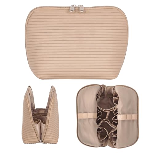 Tense Edano Travel Makeup Bag for Women Waterproof Stand Up Cosmetic Bag with Brush Holders Organizer Bag with Compartments Fold-Down Design for Skincare Toiletries & Essentials (Camel Medium)