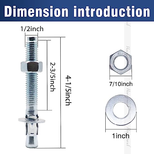 Horiznext 1/2" x 4-1/4" Wedge Anchor, for Cement and Concrete only, zinc-Plated Carbon Steel Screws and lag Bolts （20pcs - Thumbnail 2