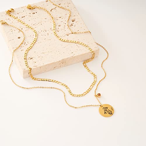 Loyata 18K Gold Plated Birth Flower Choker Necklace Engraved Floral Layered Choker Necklaces Dainty Birth Month Flower Disc Charm Flower Disk Necklace Jewelry Gift For Women(Jan) #TOP4