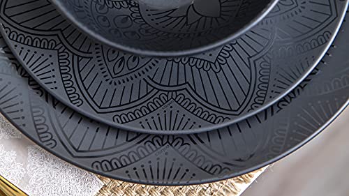 Bzyoo Bpa-Free Dishwasher Safe 100% Melamine Plastic Plate & Bowl Set Casual Dining Indoor And Outdoor Dining Party Environmental Friendly (12 Pcs Set, Service For 4, La La Mandala -Black) #TOP4
