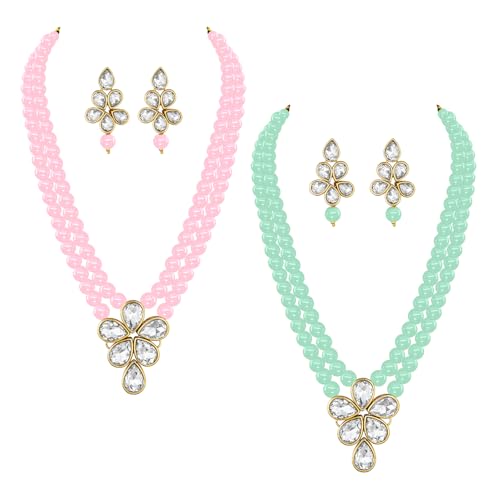 Image of Peora Crystal Faux Pearl Kundan Necklace & Jewellery Set Gift for Women
