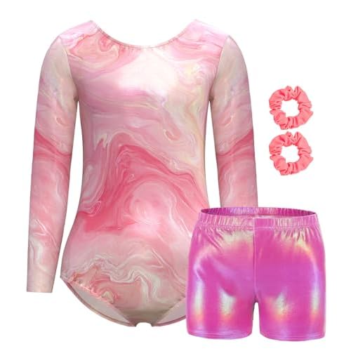 MOLLDAN Gymnastics Leotard for Girls Long Sleeve Biketard Unitard Tumbling Activewear for Kids Colorful Marble-b 8Y(8-9 Years)