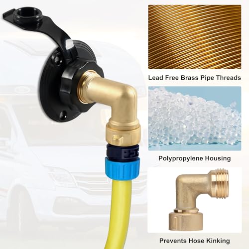 Image of RV City Water Inlet with Check Valve - RV Water Inlet Connection, RV Water Fill Inlet with 3 /4 inch NH Female to 1 /2 inch NPT Male, Ideal for RV, Travel Trailers, Camping, and Boats in Black (with Hose Elbow)