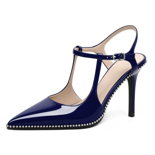 Image of SAMMITOP Womens High Heels Ankle Strap Pointed Toe Stilettos Patent Leather Beaded Pumps Dress Shoes 3.5 Inch