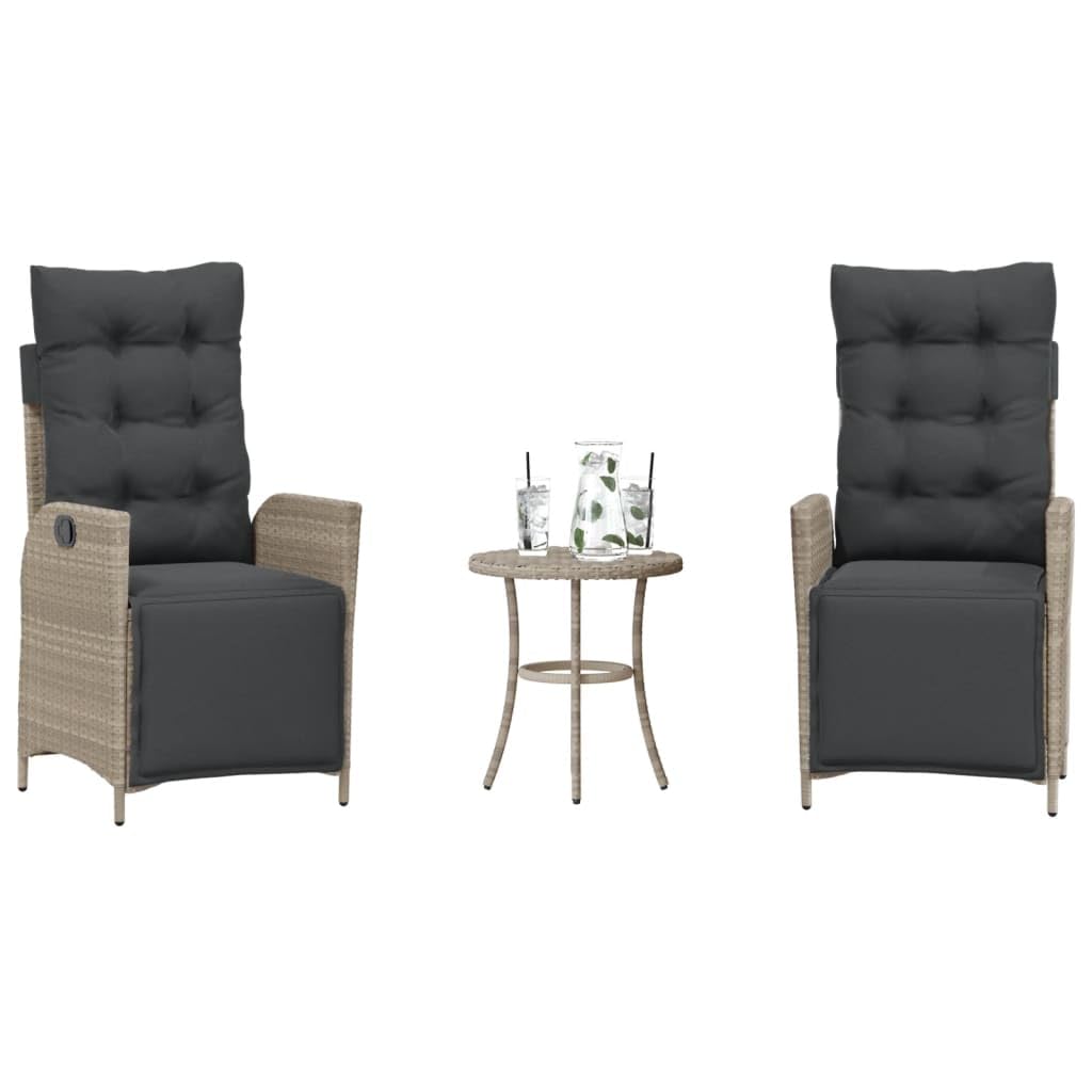 Juego de muebles de bistró de polirratán, gris claro, con respaldo ajustable y reposapiés, cojines gruesos con fundas desmontables, marco de acero, para jardín, balcón, terraza