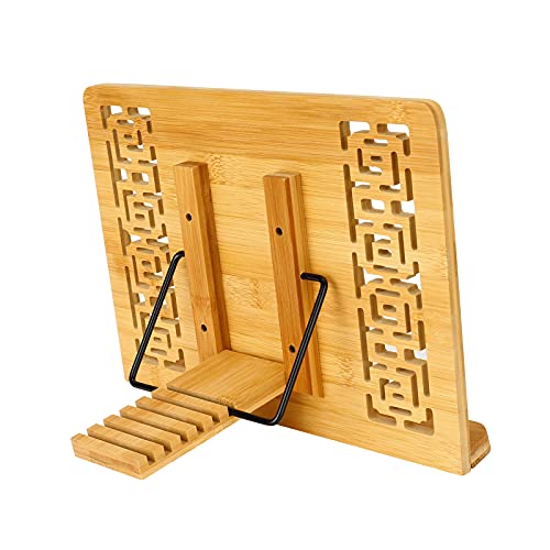 Megrez Bamboo Foldable Book Stand (13.2 X 9.4 Inch) Reading Frame Rest Holder Cookbook Stand/Tablet Pc Textbook/Music Document Stand/Desk Bookrest With Retro Hollow, Enjoy Little Things #TOP3