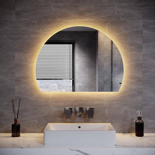 SUNXURY LED Spiegel 70x50cm Halbrund Halbrunder Spiegel mit 3 Farbtemperaturen einstellbar Antibeschlag und Touch-Schalter Spiegel Bad mit Beleuchtung Dekorative Wandspiegel für Badezimmer