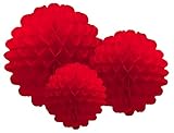 Party Partners Design Hanging Honeycomb Tissue Red Pom-Pom Party Decoration Balls, Set of 3