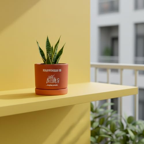 Image of Urban Plant Happy Plant Terracotta Pot with Saucer (5 Inch) | inchPlants Make People Happy inch Printed Clay Planter | Indoor Decorative Pot with Drainage Hole for Tabletop, Desk & Home Decor