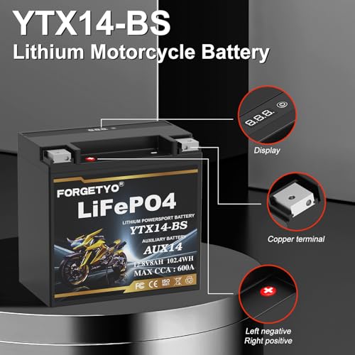 Image of Lithium Motorcycle Battery, Forgetyo YTX14-BS 12.8V 8AH 600A LiFePO4 AUX14 Auxiliary Batteries, ATV UTV Jet Ski Snowmobile Battery