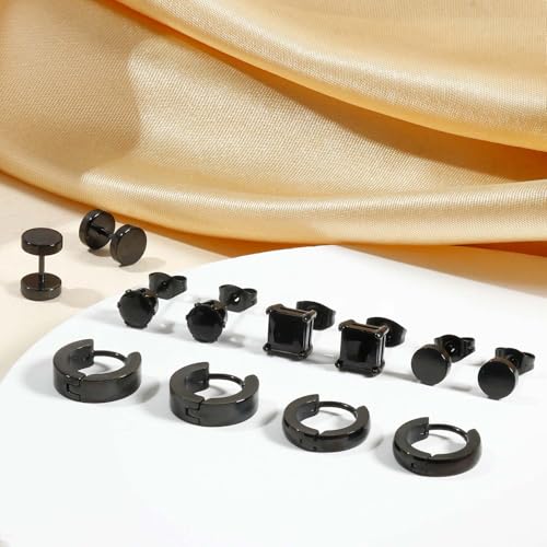 Jstyle 6 Pairs Stainless Steel CZ Stud Earrings for Men Women Black Earrings Huggie Small Hoop Earrings Ear Piercing Jewelry for Men - Thumbnail 6